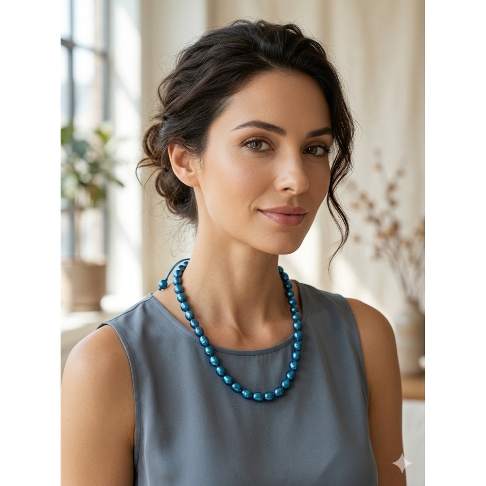 Blue Dyed Genuine Pearl Necklace Adjustable Baroque Cultured Pearl Choker Teal